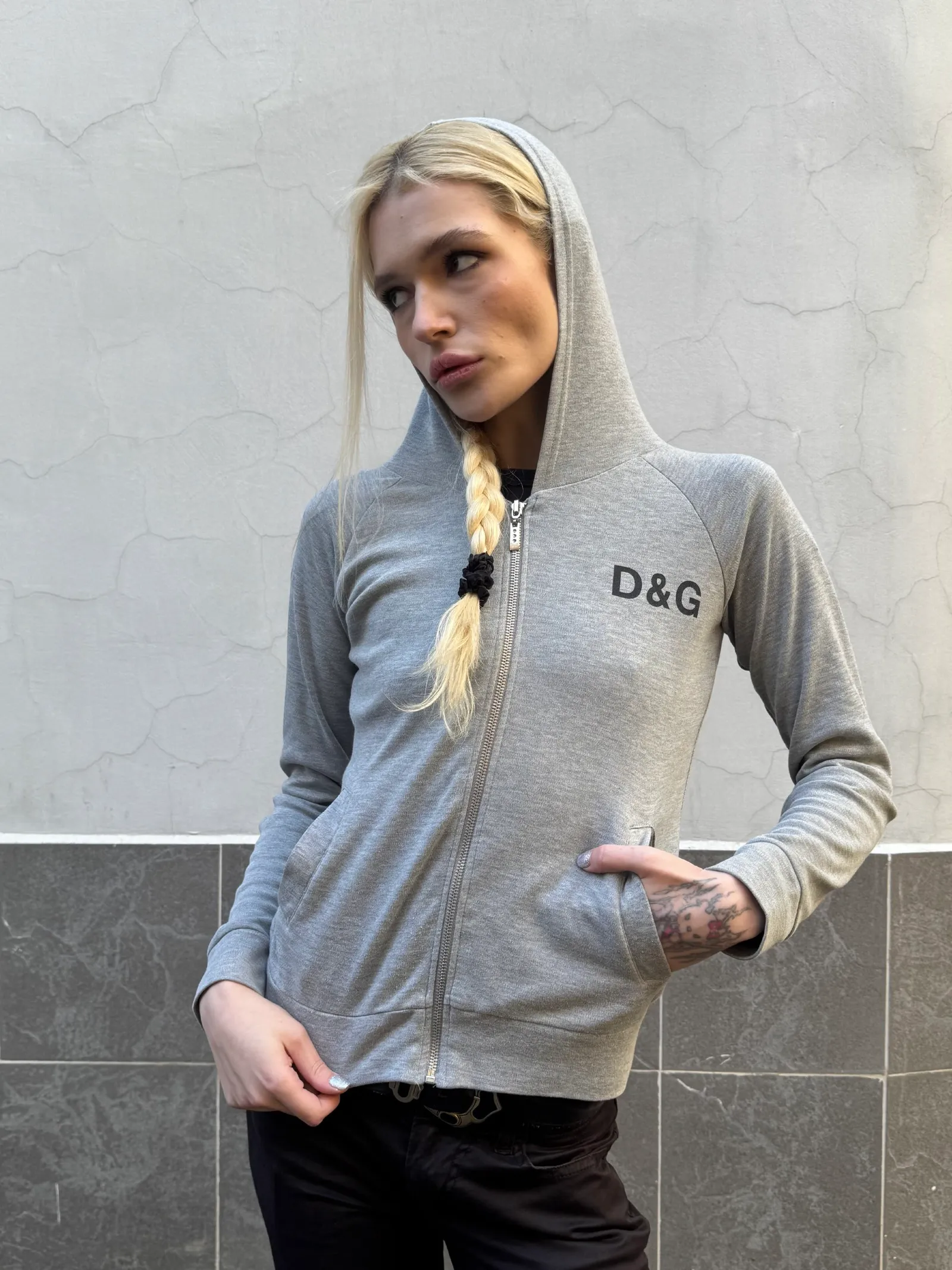 Dolce & Gabbana Dolce & Gabbana Grey Logo Print Zip-Up Hoodie