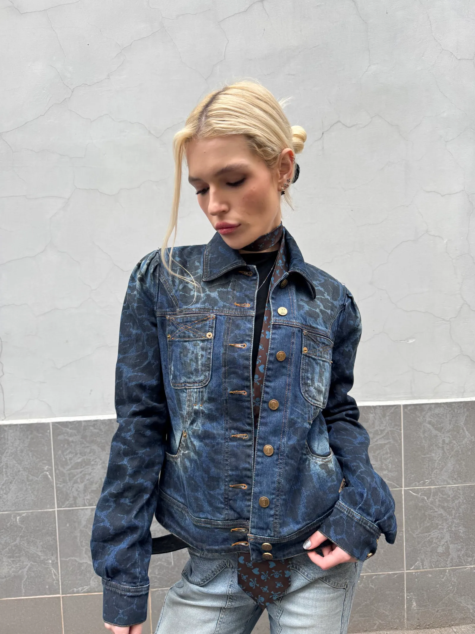 galliano Galliano by John Galliano Leopard Print Denim Jacket with Puff Sleeves