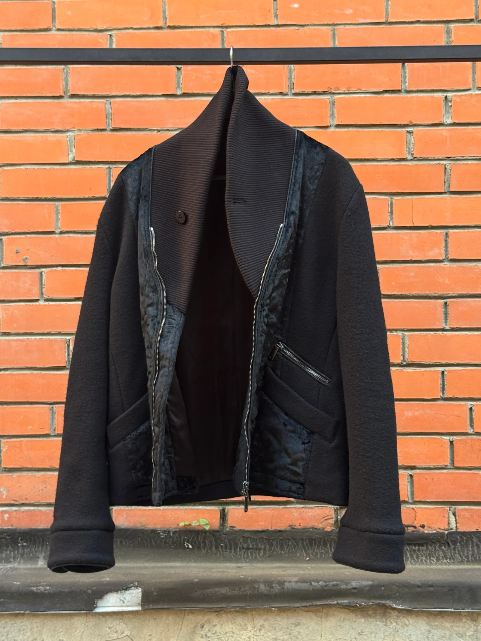 Armani Armani Mixed-Fabric Wool & Velvet Panel Zip Jacket with Ribbed Shawl Collar