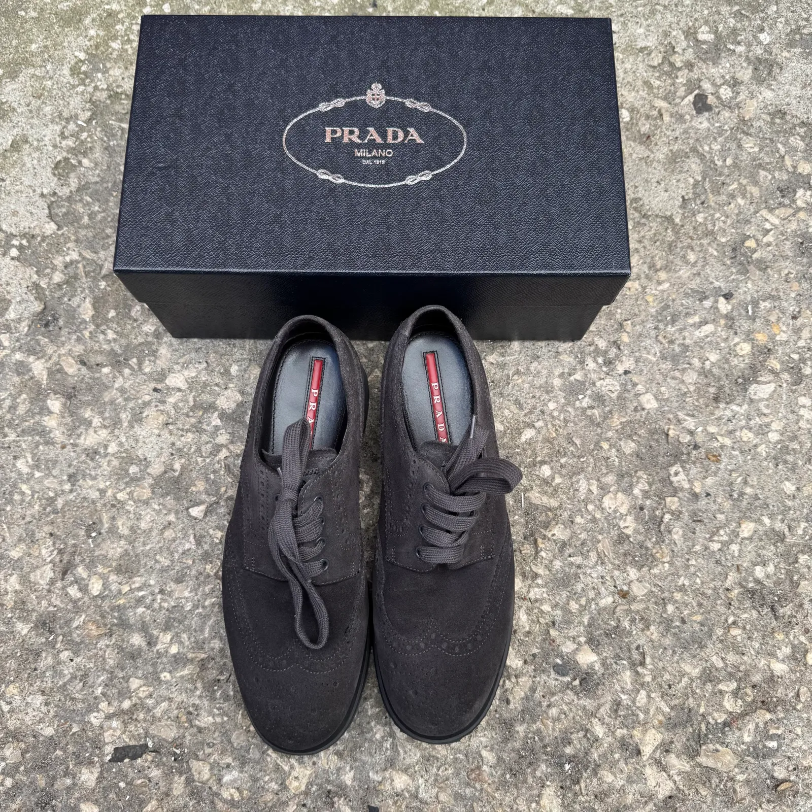 PRADA Prada Dark Grey Suede Brogue Oxford Sneakers