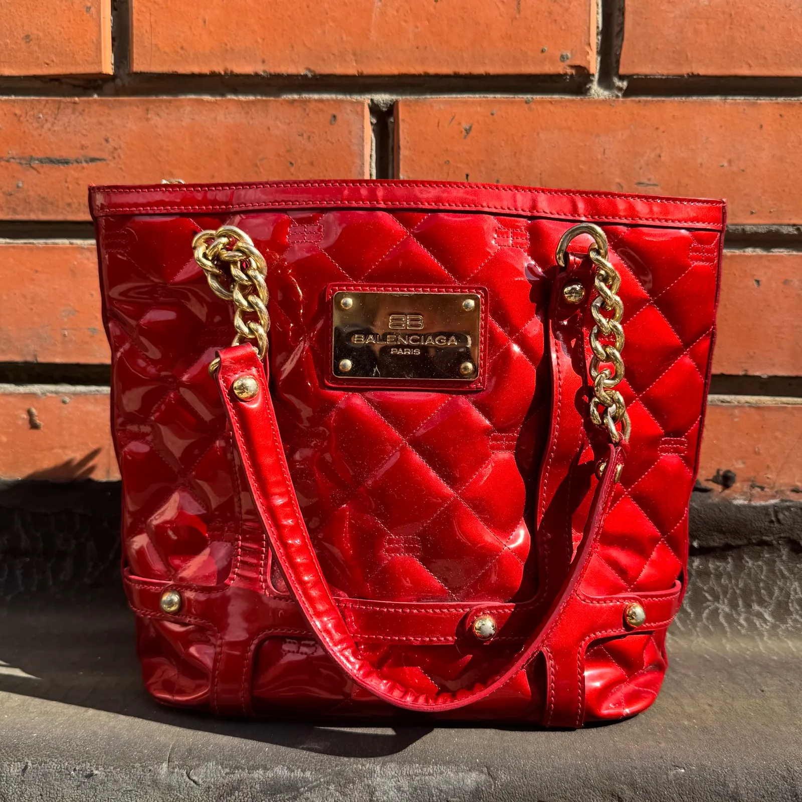 BALENCIAGA Balenciaga Quilted Patent Leather Chain Tote Bag